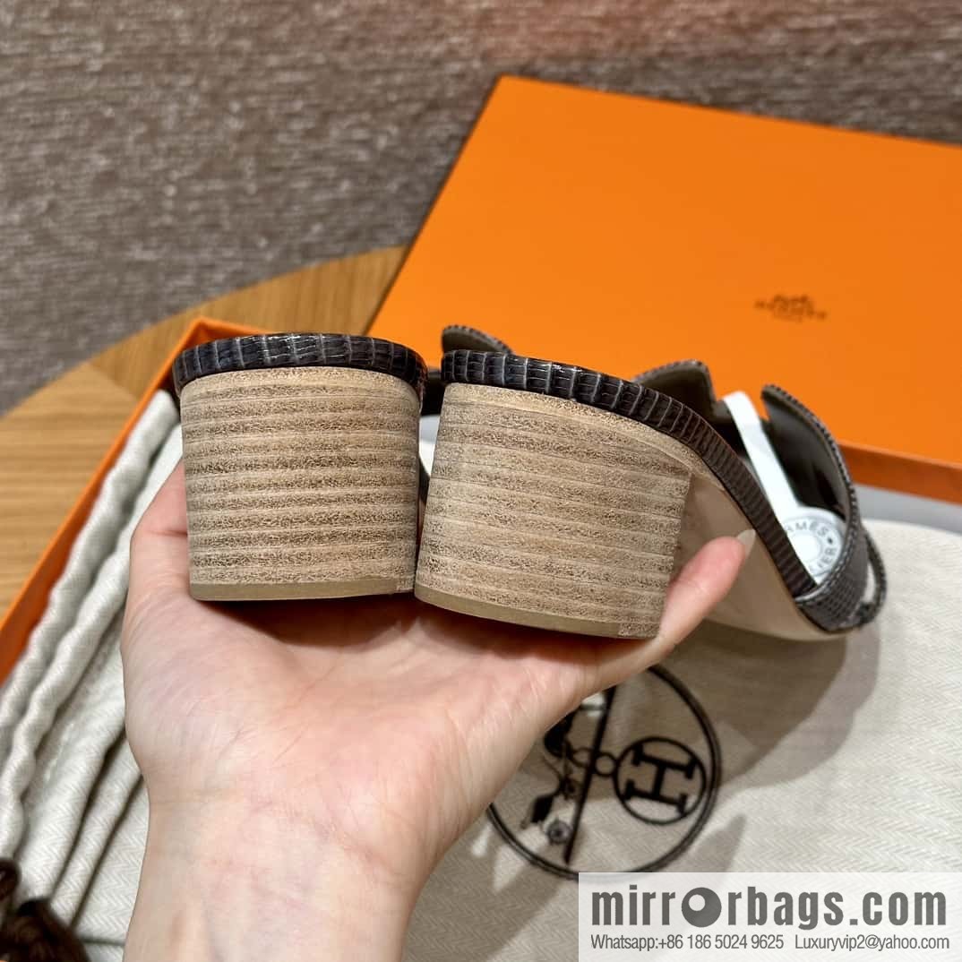 HERMES 185 Oasis High Heel Sandals, Lizard π¦/Lizard Hemp Rope Grey/84/Gris fonce
