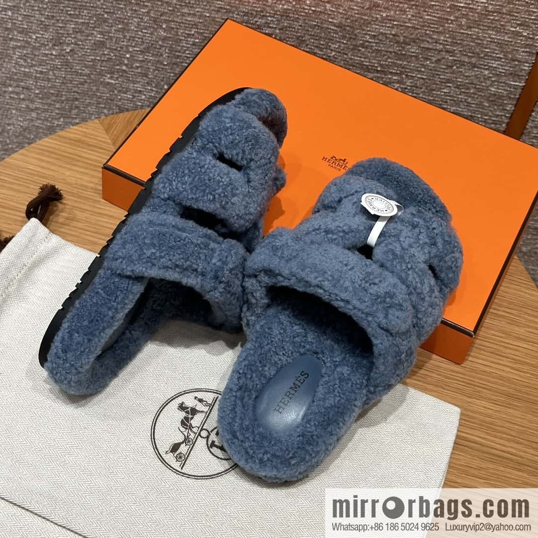 HERMES 225 CHYPRE SANDAL uncle shoes, woolskin/blue/blue