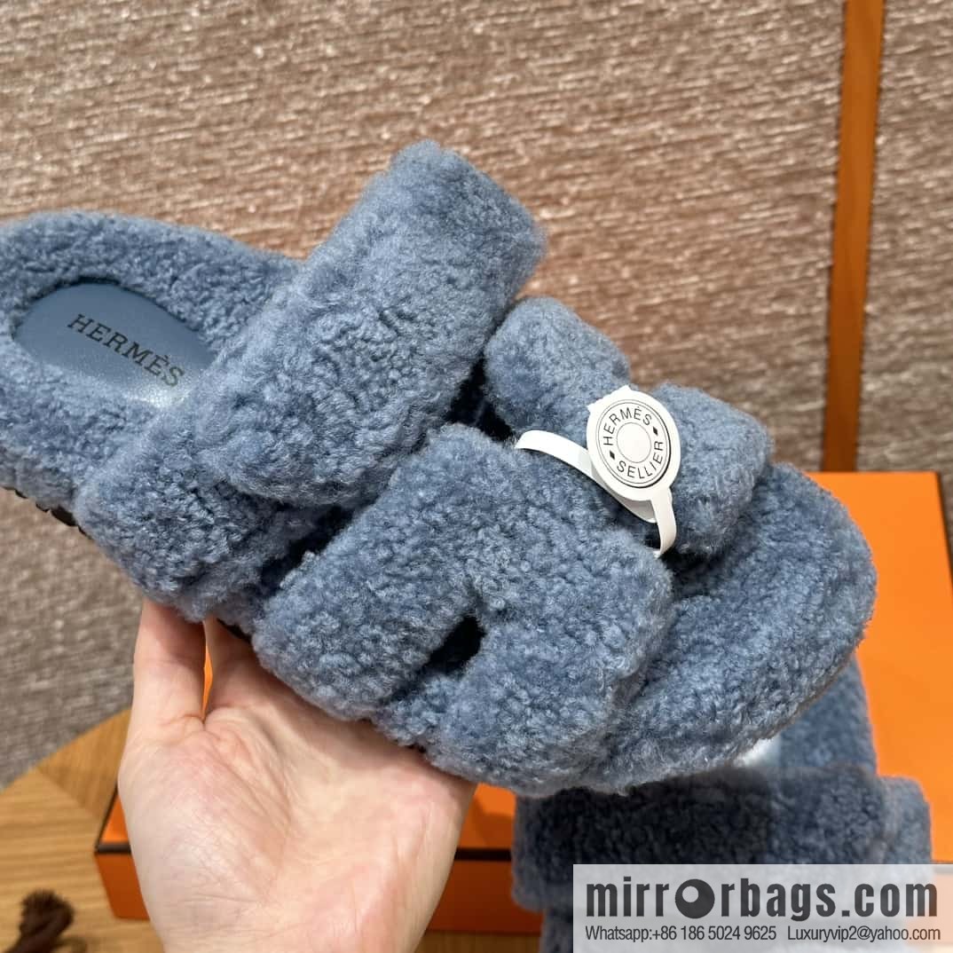 HERMES 225 CHYPRE SANDAL uncle shoes, woolskin/blue/blue