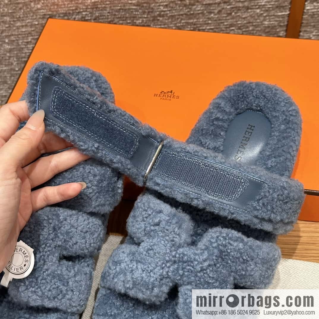 HERMES 225 CHYPRE SANDAL uncle shoes, woolskin/blue/blue