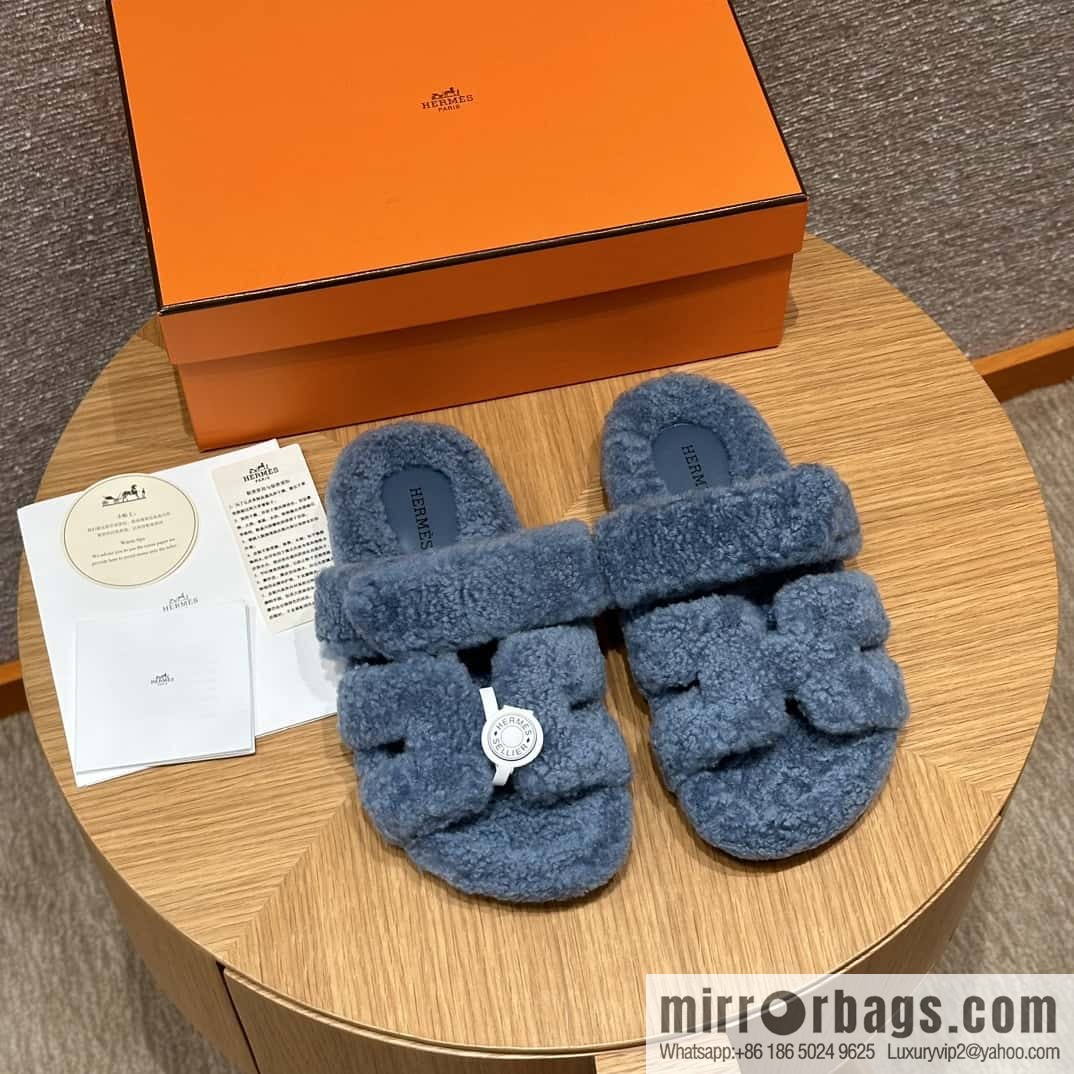 HERMES 225 CHYPRE SANDAL uncle shoes, woolskin/blue/blue