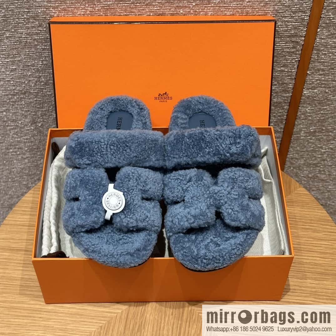 HERMES 225 CHYPRE SANDAL uncle shoes, woolskin/blue/blue