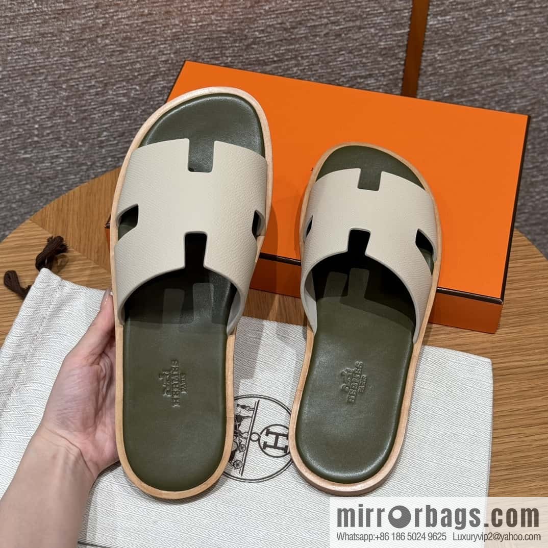 HERMES 182 Men's slippers Men's slippers Palmprint Calfskin/Epsom/Calfskin Milkshake White/ck10/Craie