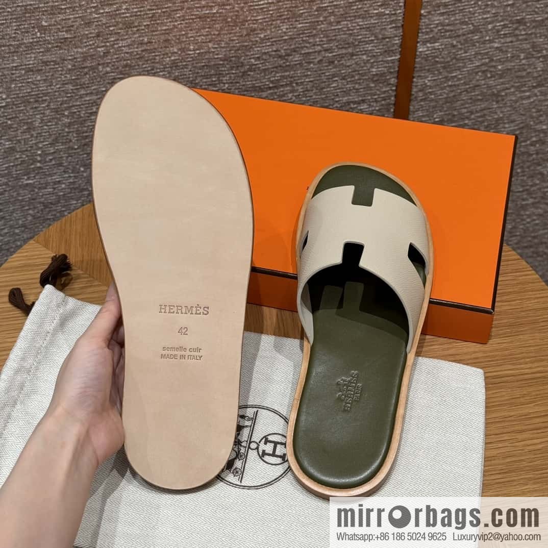 HERMES 182 Men's slippers Men's slippers Palmprint Calfskin/Epsom/Calfskin Milkshake White/ck10/Craie