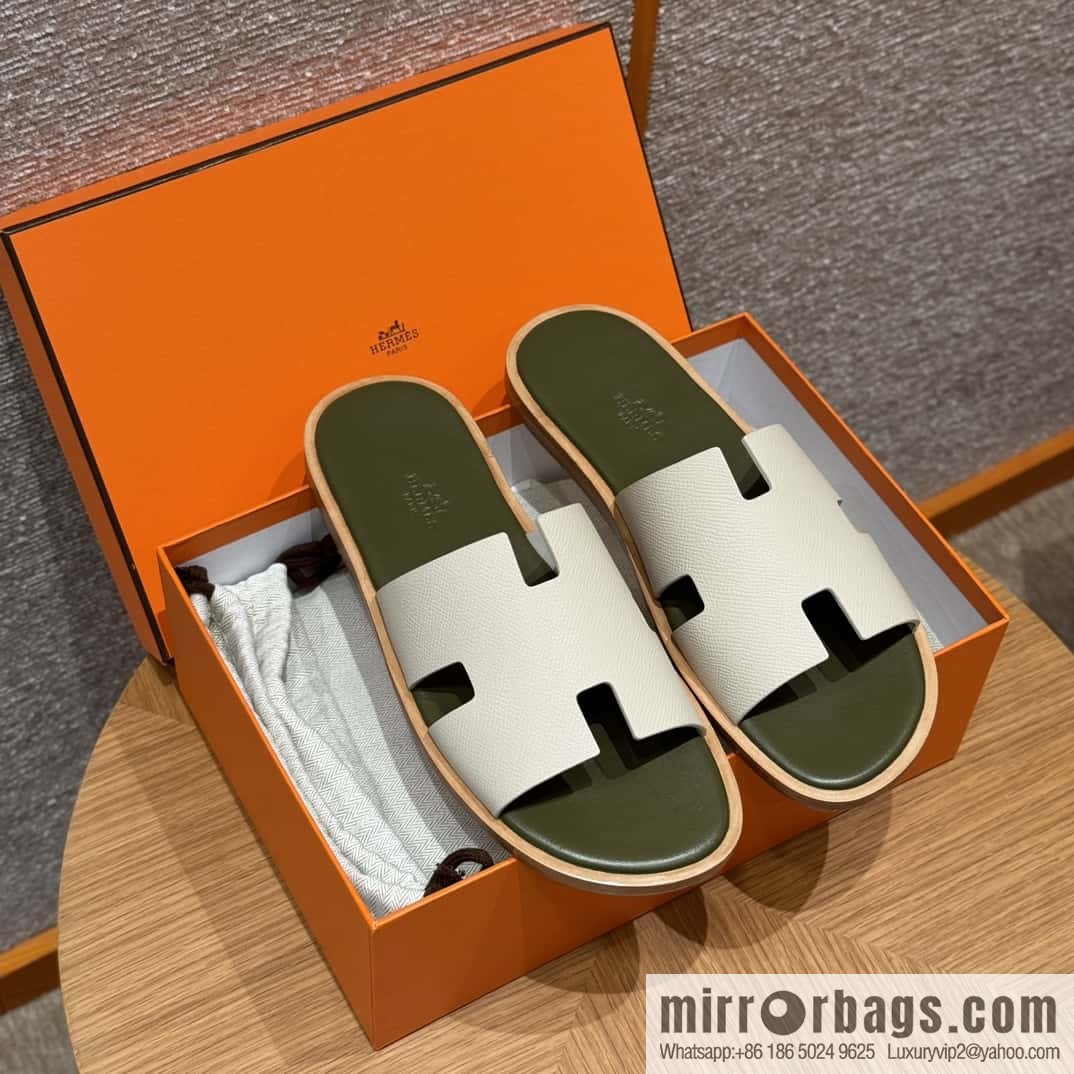 HERMES 182 Men's slippers Men's slippers Palmprint Calfskin/Epsom/Calfskin Milkshake White/ck10/Craie