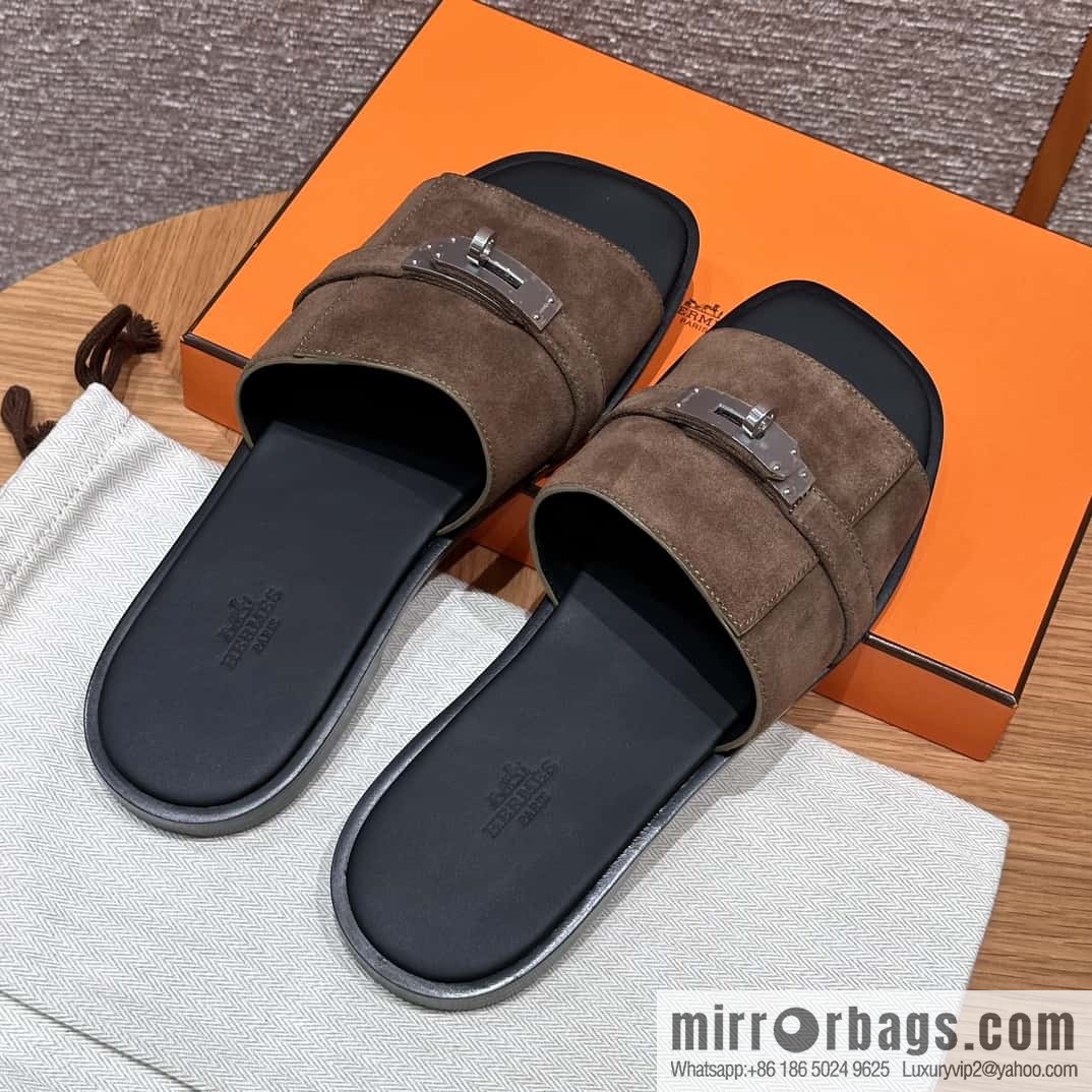 HERMES 183 GABRIEL Men's sandals, suede/Chamois leather brown/brown