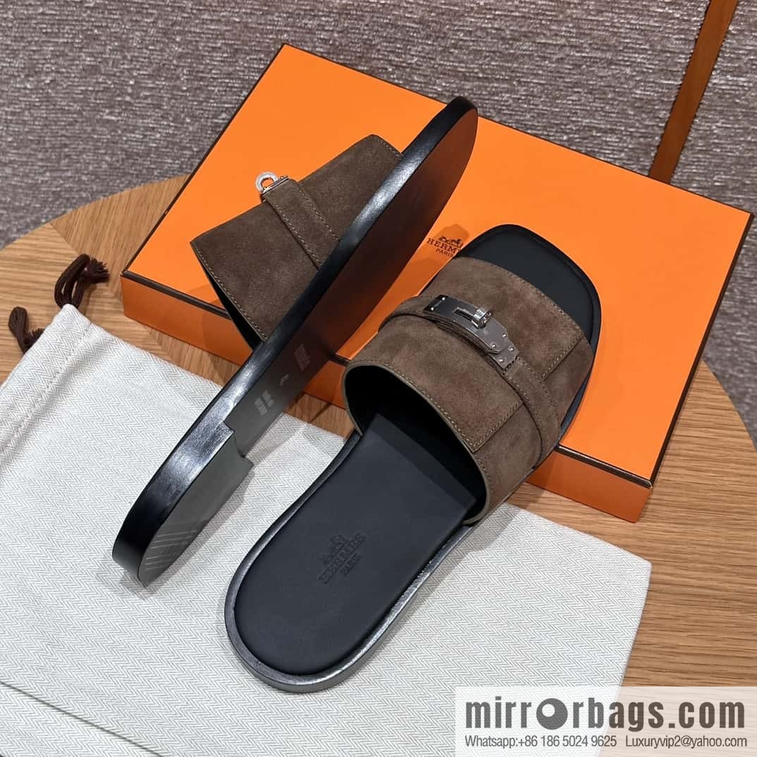 HERMES 183 GABRIEL Men's sandals, suede/Chamois leather brown/brown