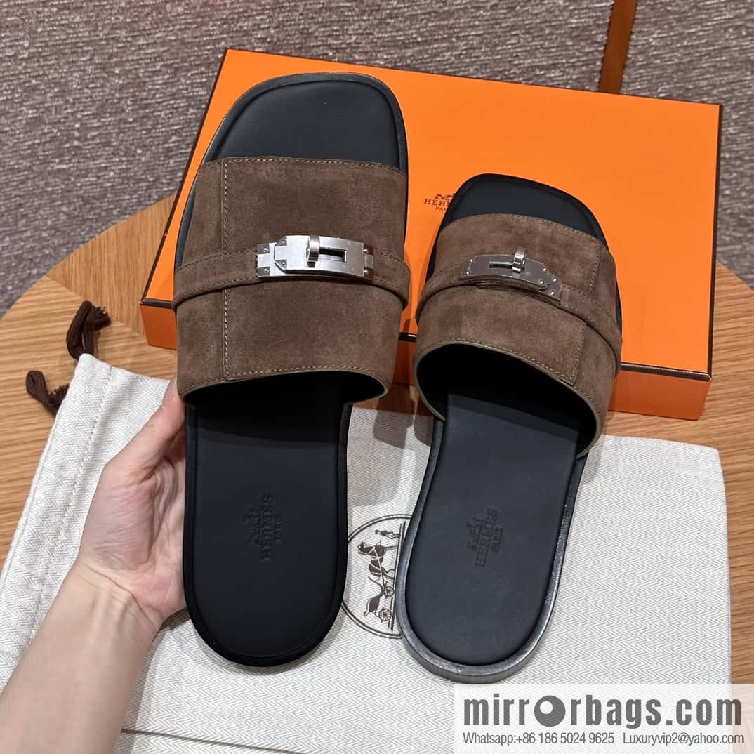 HERMES 183 GABRIEL Men's sandals, suede/Chamois leather brown/brown