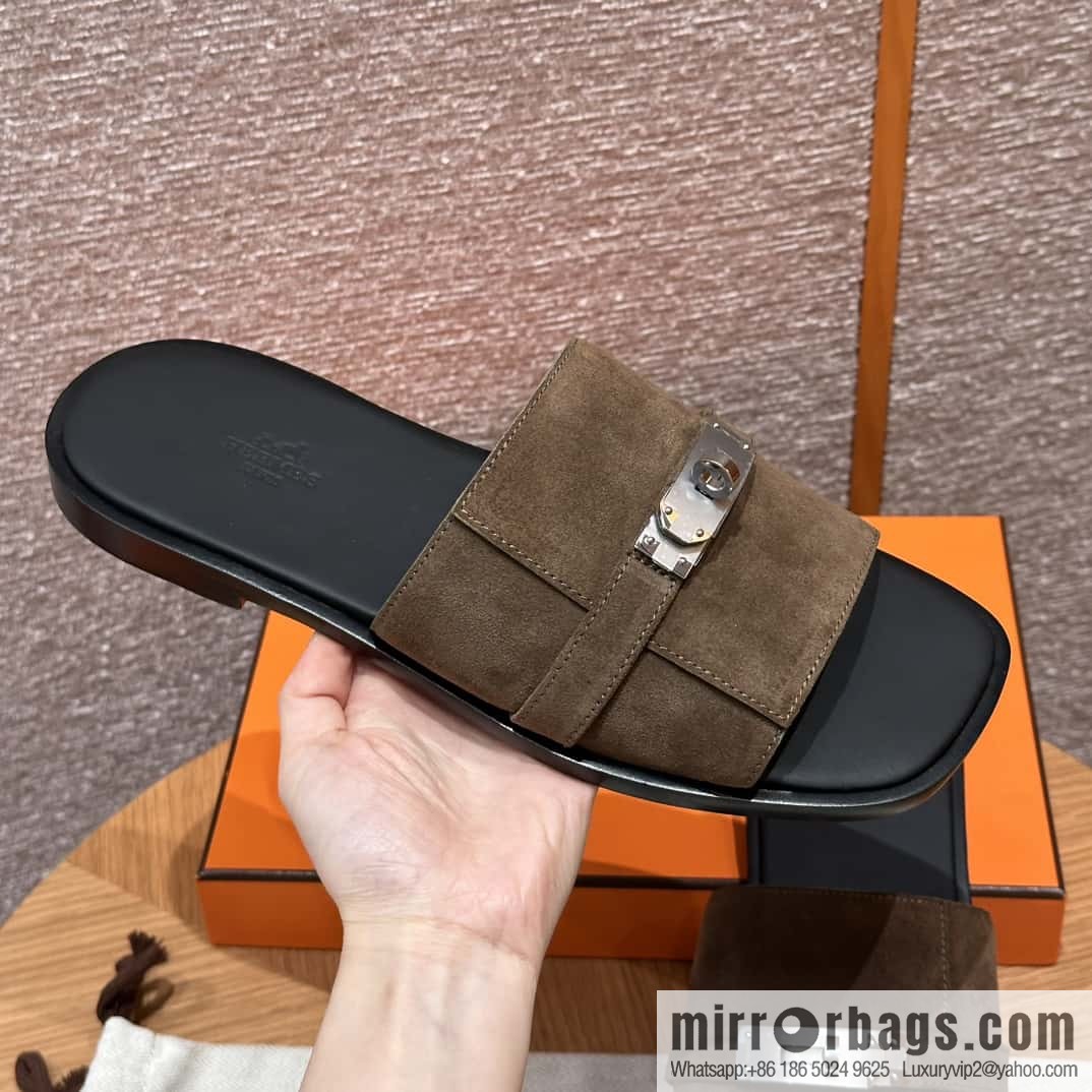 HERMES 183 GABRIEL Men's sandals, suede/Chamois leather brown/brown