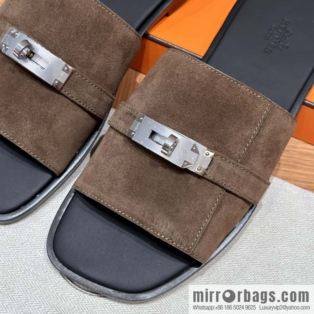 HERMES 183 GABRIEL Men's sandals, suede/Chamois leather brown/brown