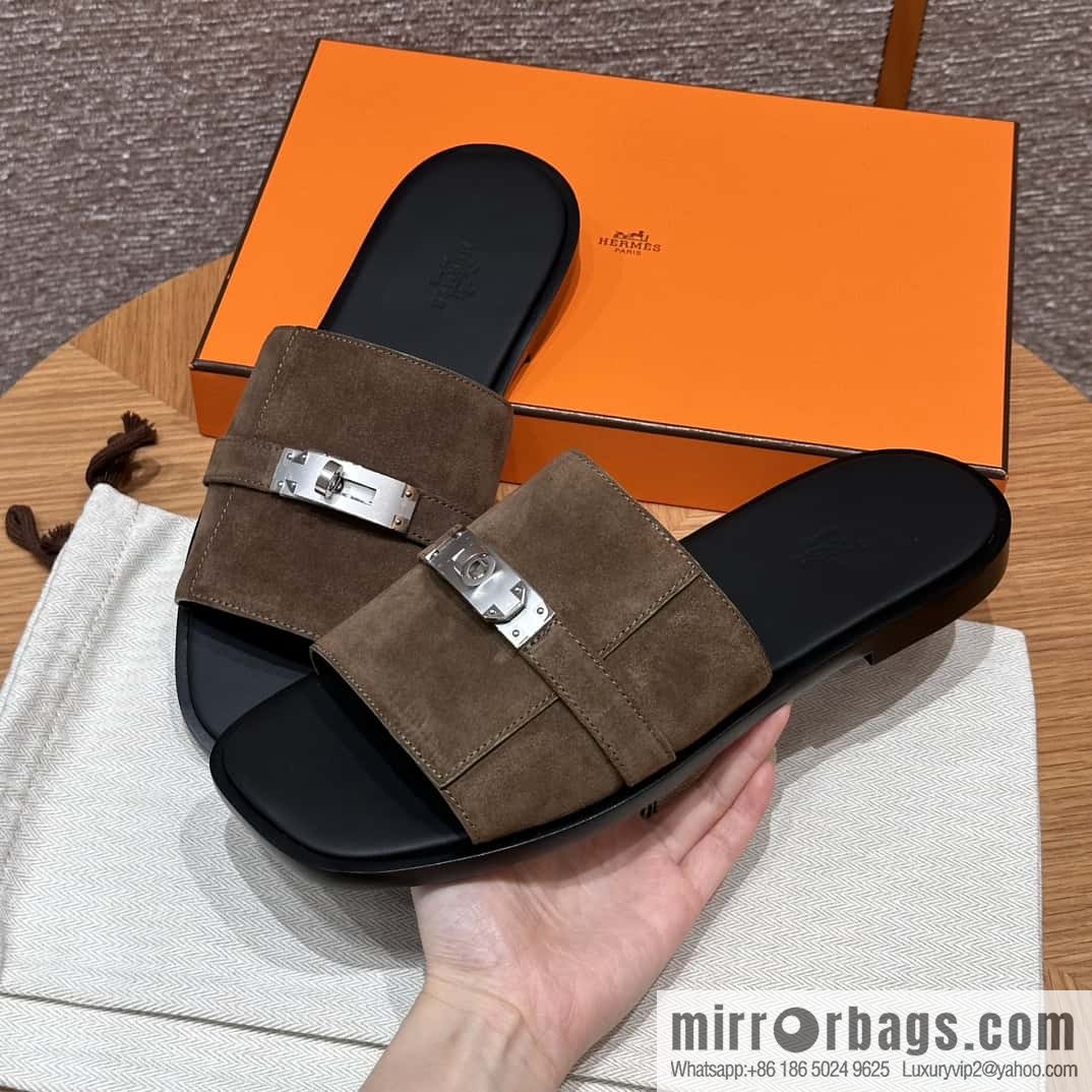 HERMES 183 GABRIEL Men's sandals, suede/Chamois leather brown/brown