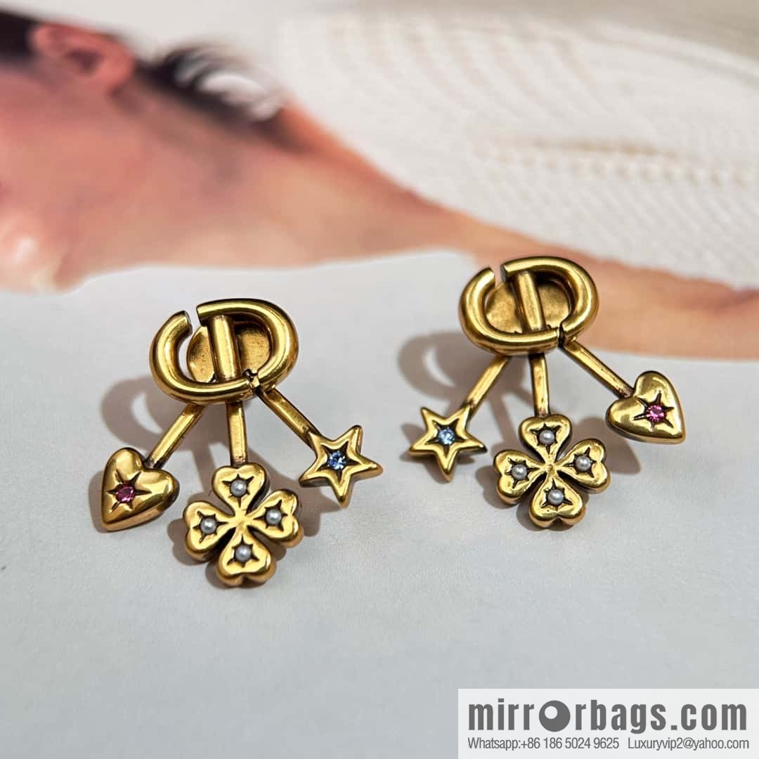 New ☑️ Dior CD Four Leaf Clover Peach Heart Pentagram Earrings