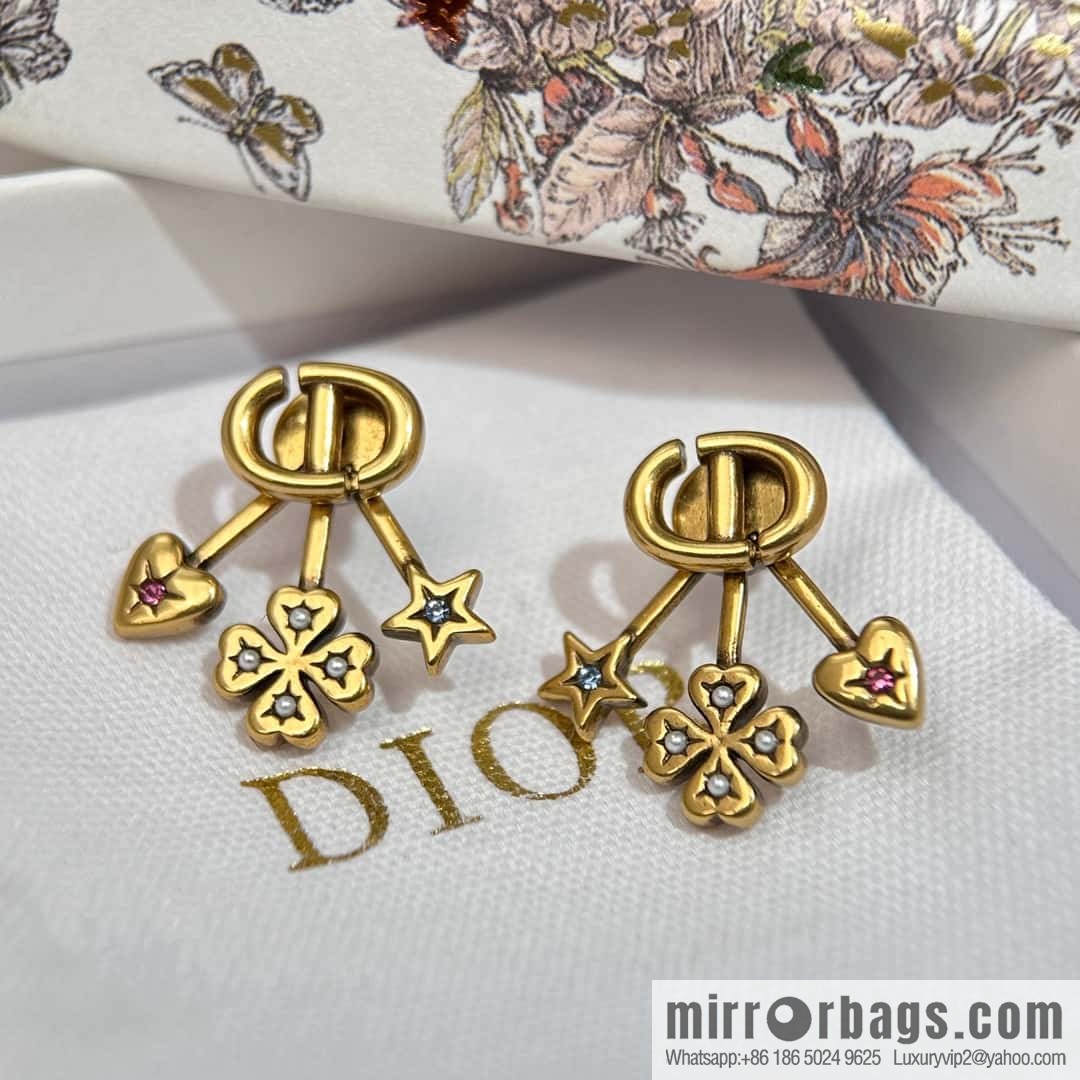 New ☑️ Dior CD Four Leaf Clover Peach Heart Pentagram Earrings