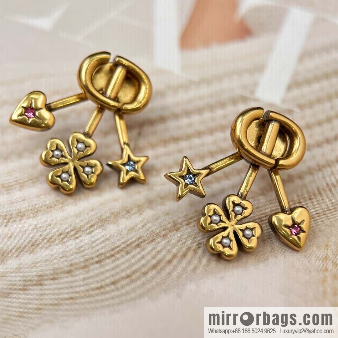New ☑️ Dior CD Four Leaf Clover Peach Heart Pentagram Earrings