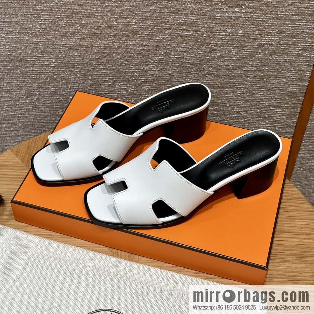 HERMES 308 Helia 60 Sandals, Calfskin/White/01/Blanc