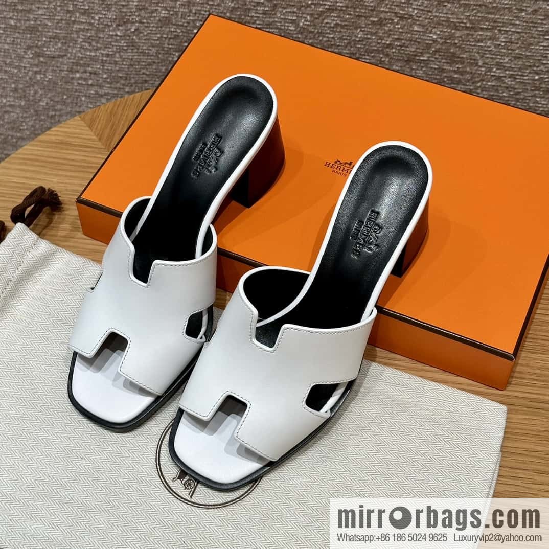 HERMES 308 Helia 60 Sandals, Calfskin/White/01/Blanc