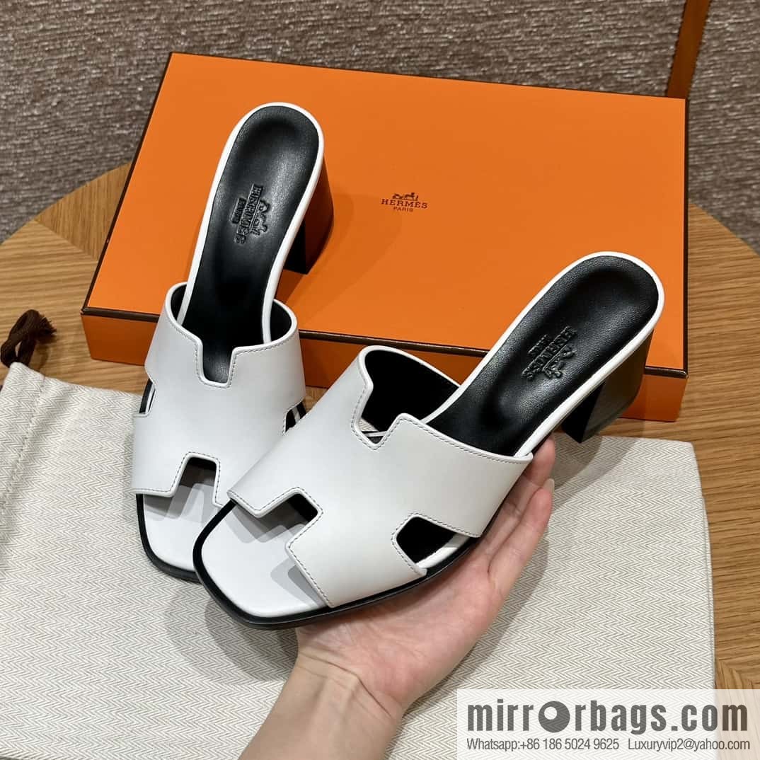 HERMES 308 Helia 60 Sandals, Calfskin/White/01/Blanc
