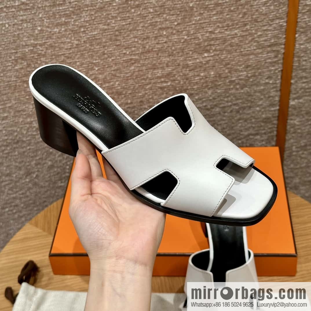 HERMES 308 Helia 60 Sandals, Calfskin/White/01/Blanc