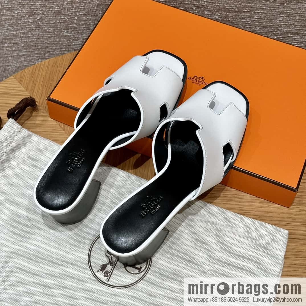 HERMES 308 Helia 60 Sandals, Calfskin/White/01/Blanc