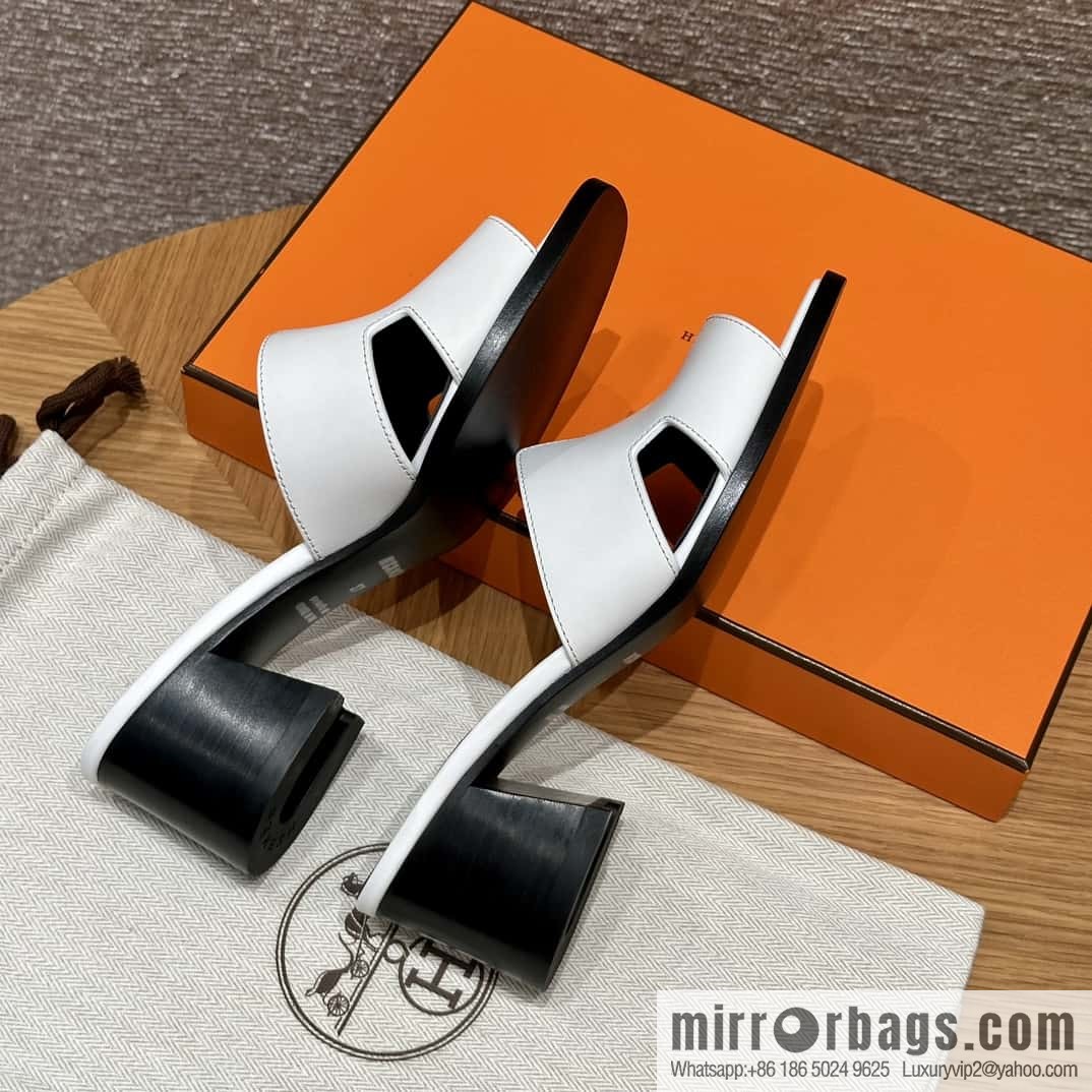 HERMES 308 Helia 60 Sandals, Calfskin/White/01/Blanc