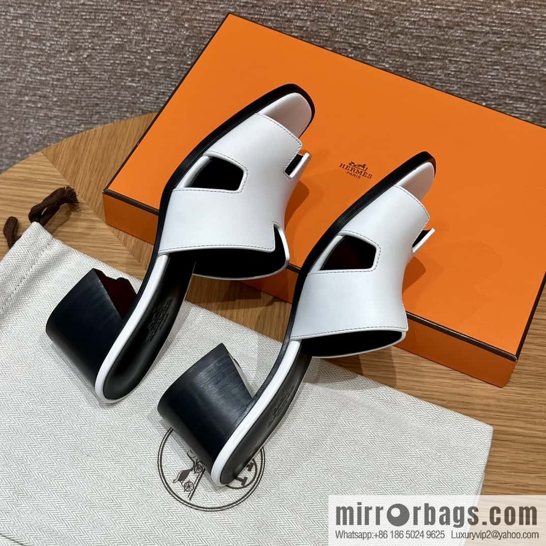 HERMES 308 Helia 60 Sandals, Calfskin/White/01/Blanc