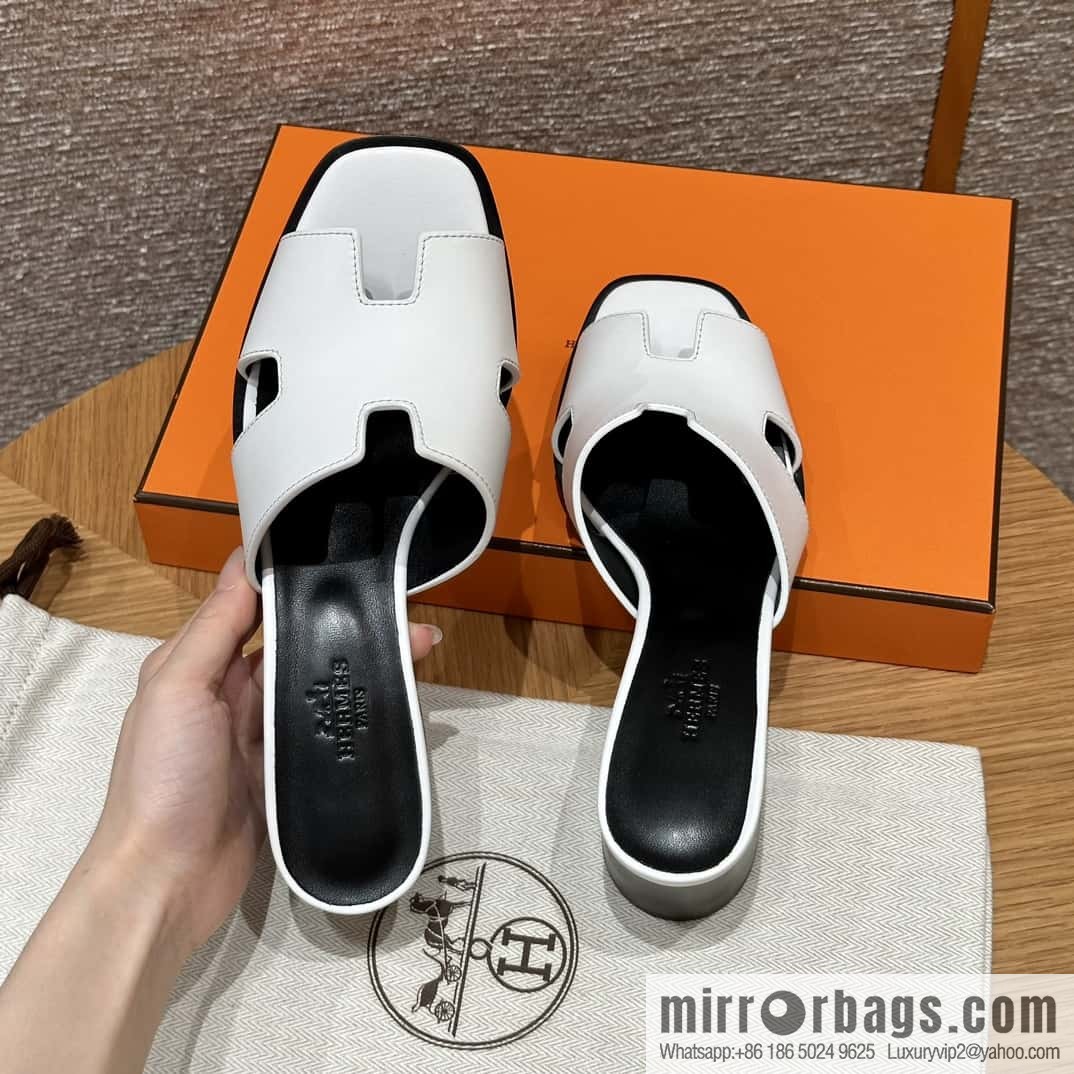 HERMES 308 Helia 60 Sandals, Calfskin/White/01/Blanc