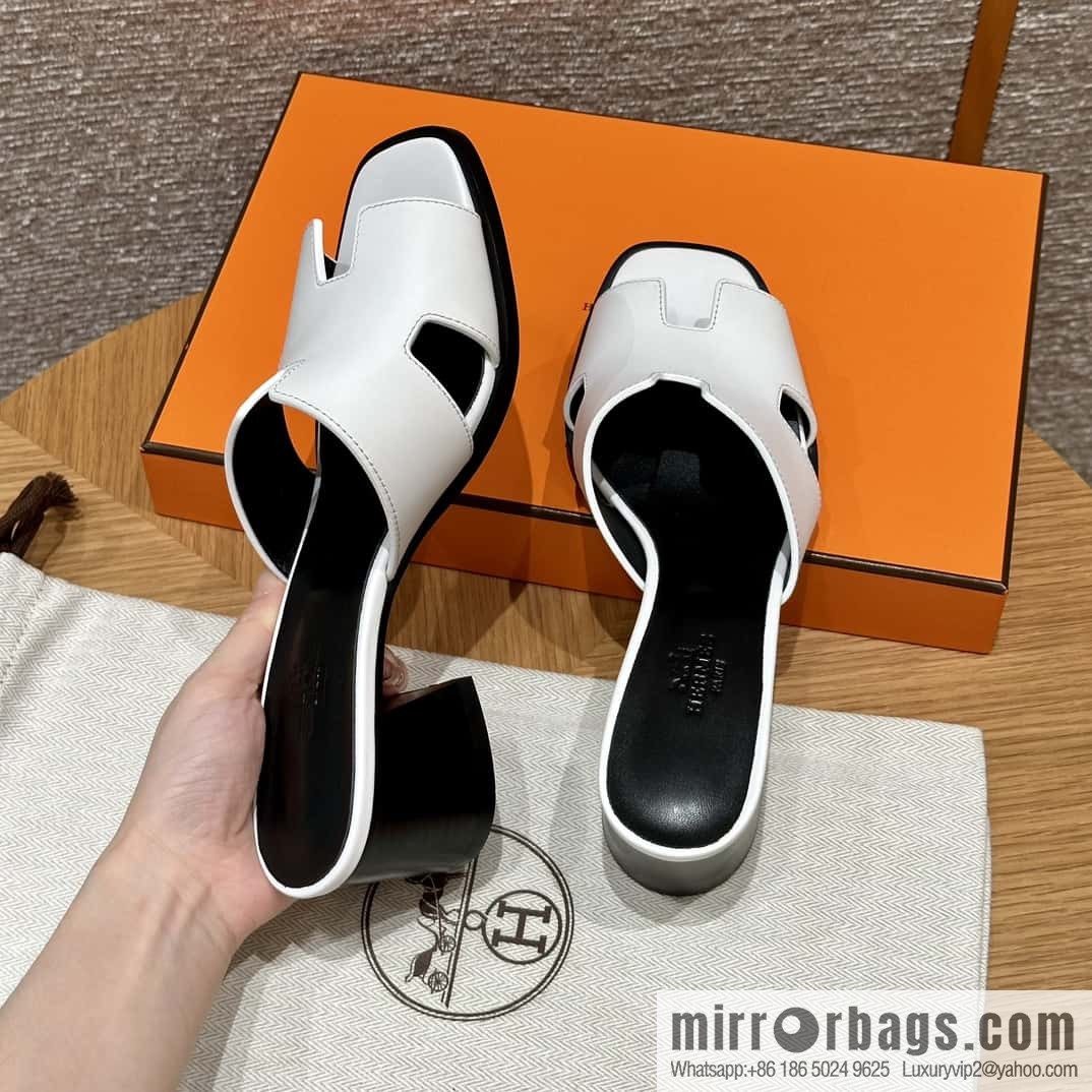 HERMES 308 Helia 60 Sandals, Calfskin/White/01/Blanc