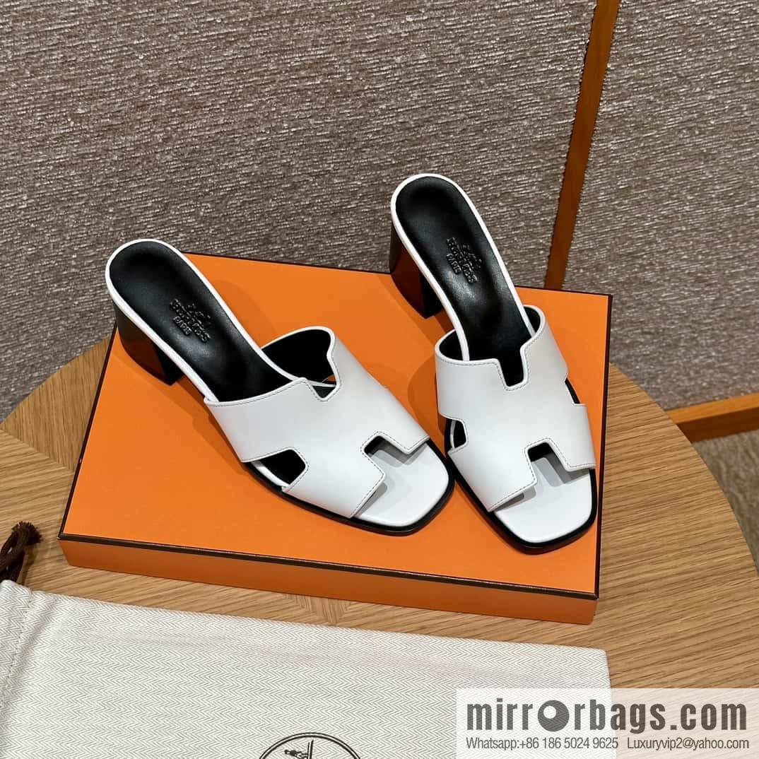 HERMES 308 Helia 60 Sandals, Calfskin/White/01/Blanc