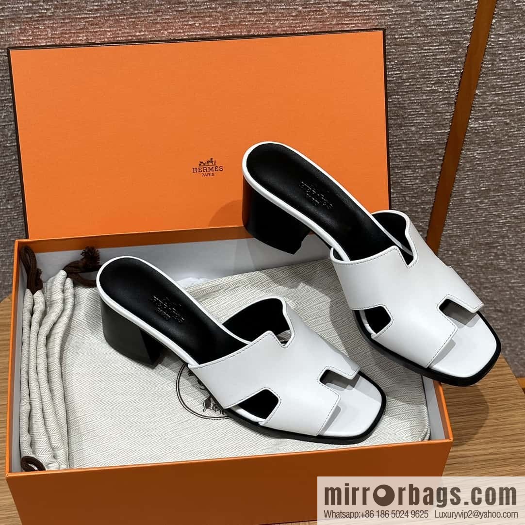 HERMES 308 Helia 60 Sandals, Calfskin/White/01/Blanc