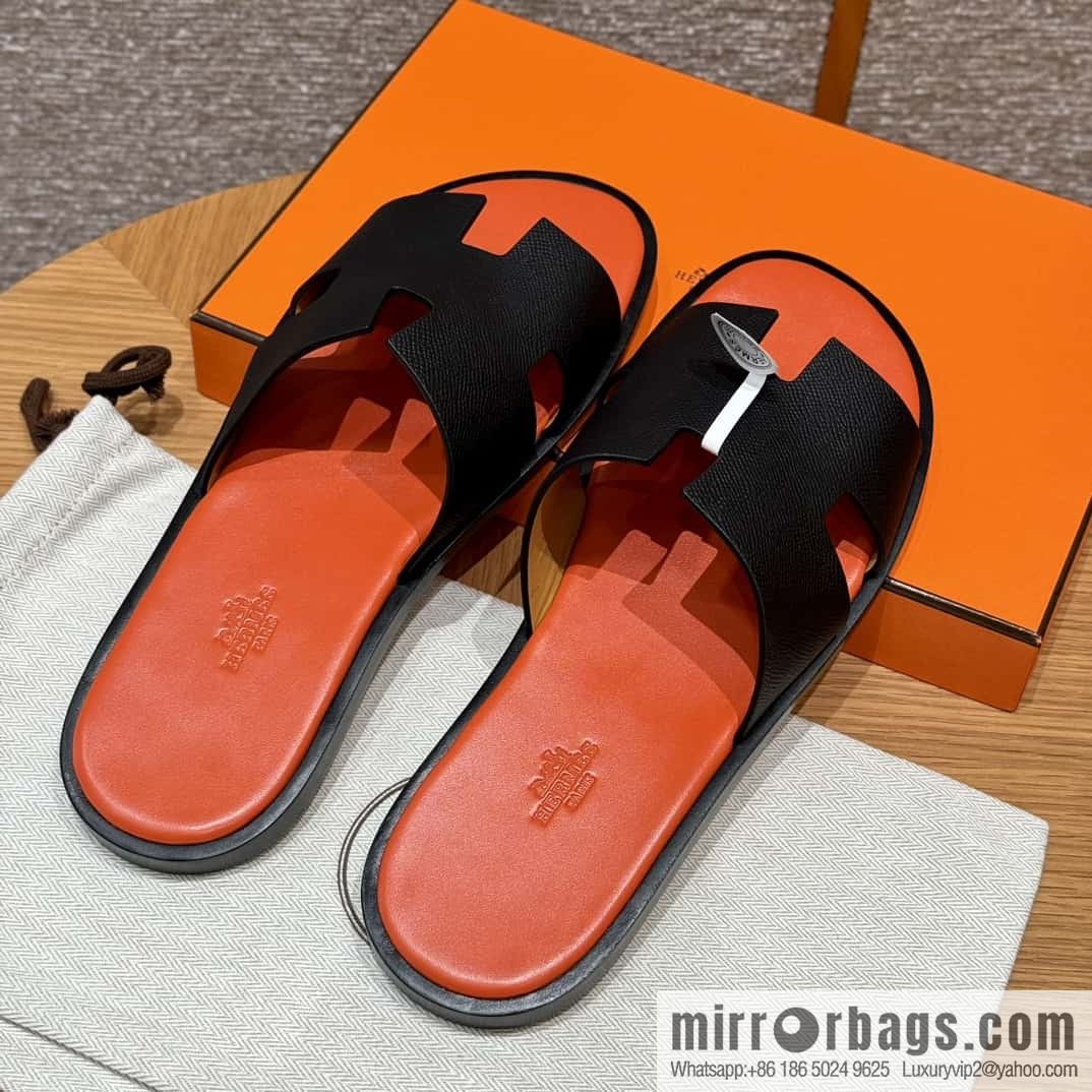 HERMES 182 -Lzmir Men's slippers, cowhide/Epsom black/ck89/with orange feet