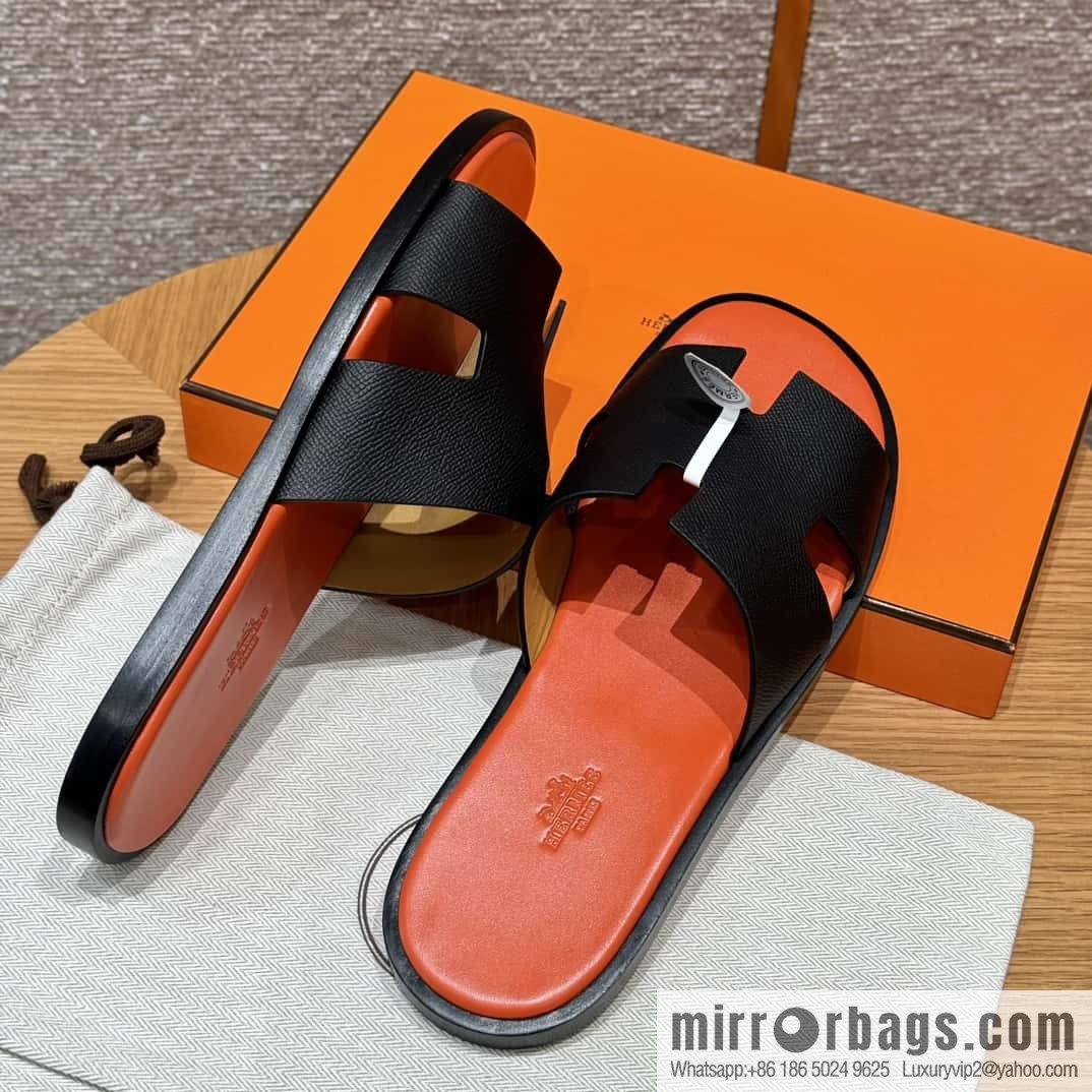 HERMES 182 -Lzmir Men's slippers, cowhide/Epsom black/ck89/with orange feet