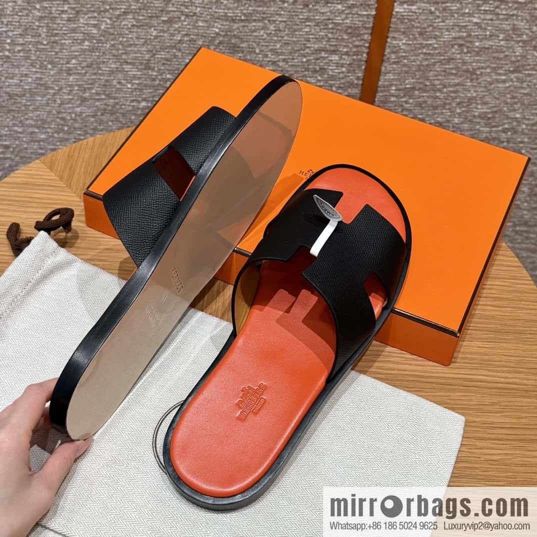 HERMES 182 -Lzmir Men's slippers, cowhide/Epsom black/ck89/with orange feet