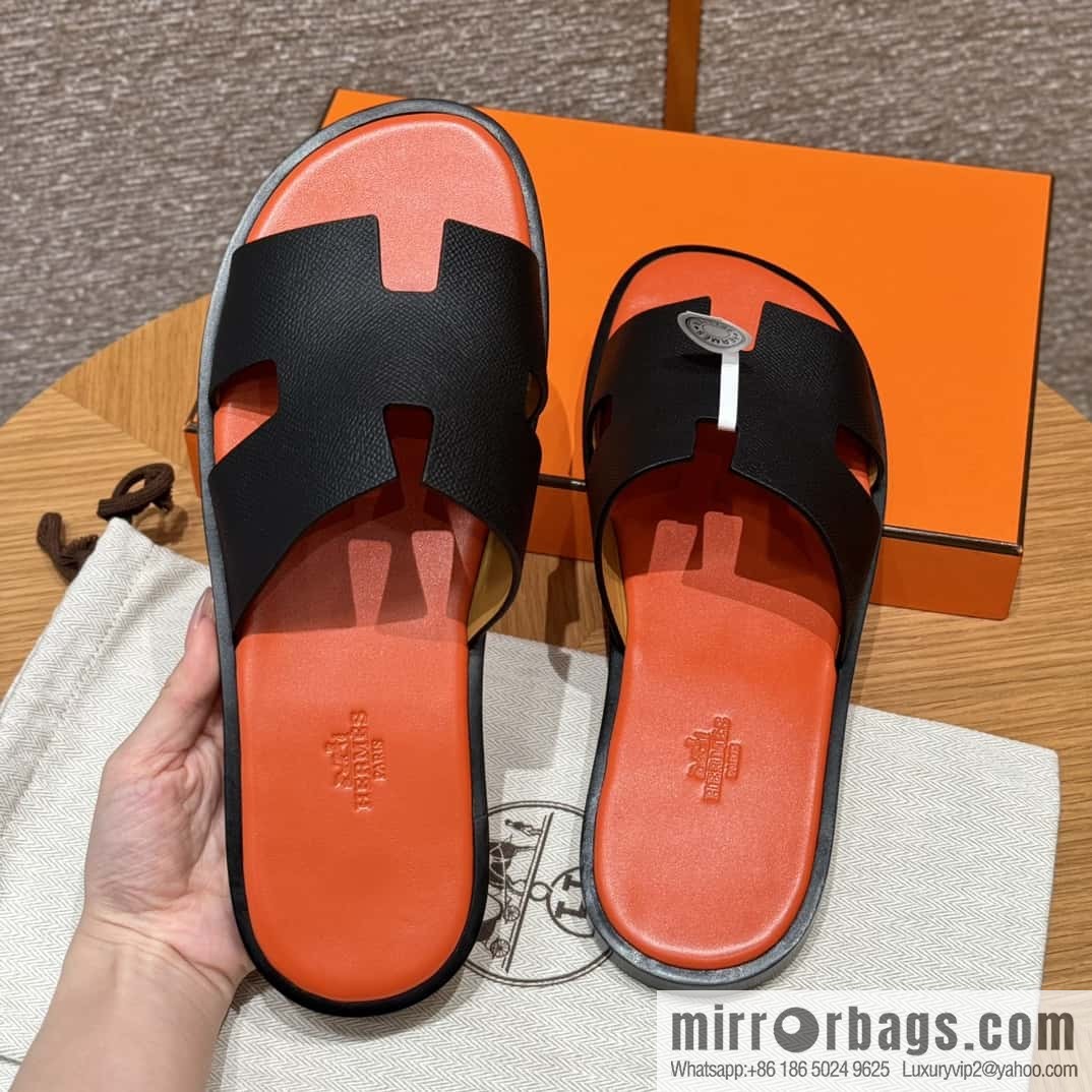 HERMES 182 -Lzmir Men's slippers, cowhide/Epsom black/ck89/with orange feet