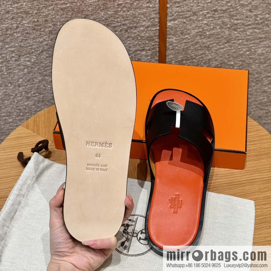 HERMES 182 -Lzmir Men's slippers, cowhide/Epsom black/ck89/with orange feet