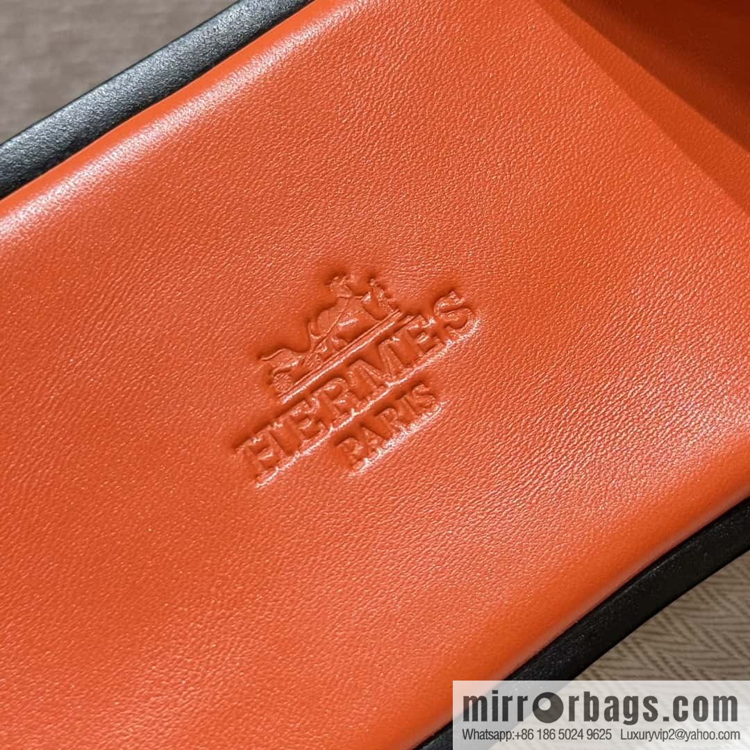 HERMES 182 -Lzmir Men's slippers, cowhide/Epsom black/ck89/with orange feet