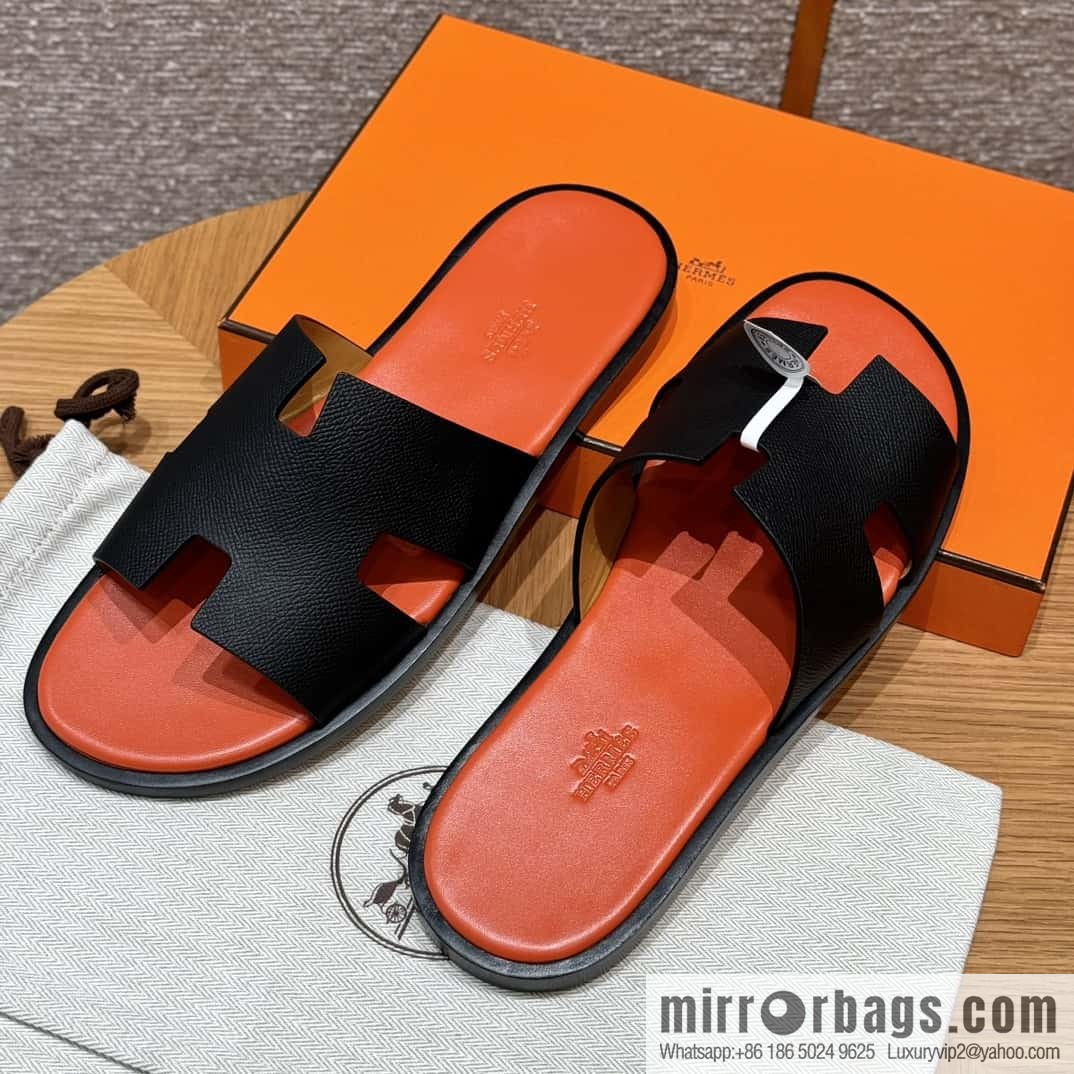 HERMES 182 -Lzmir Men's slippers, cowhide/Epsom black/ck89/with orange feet
