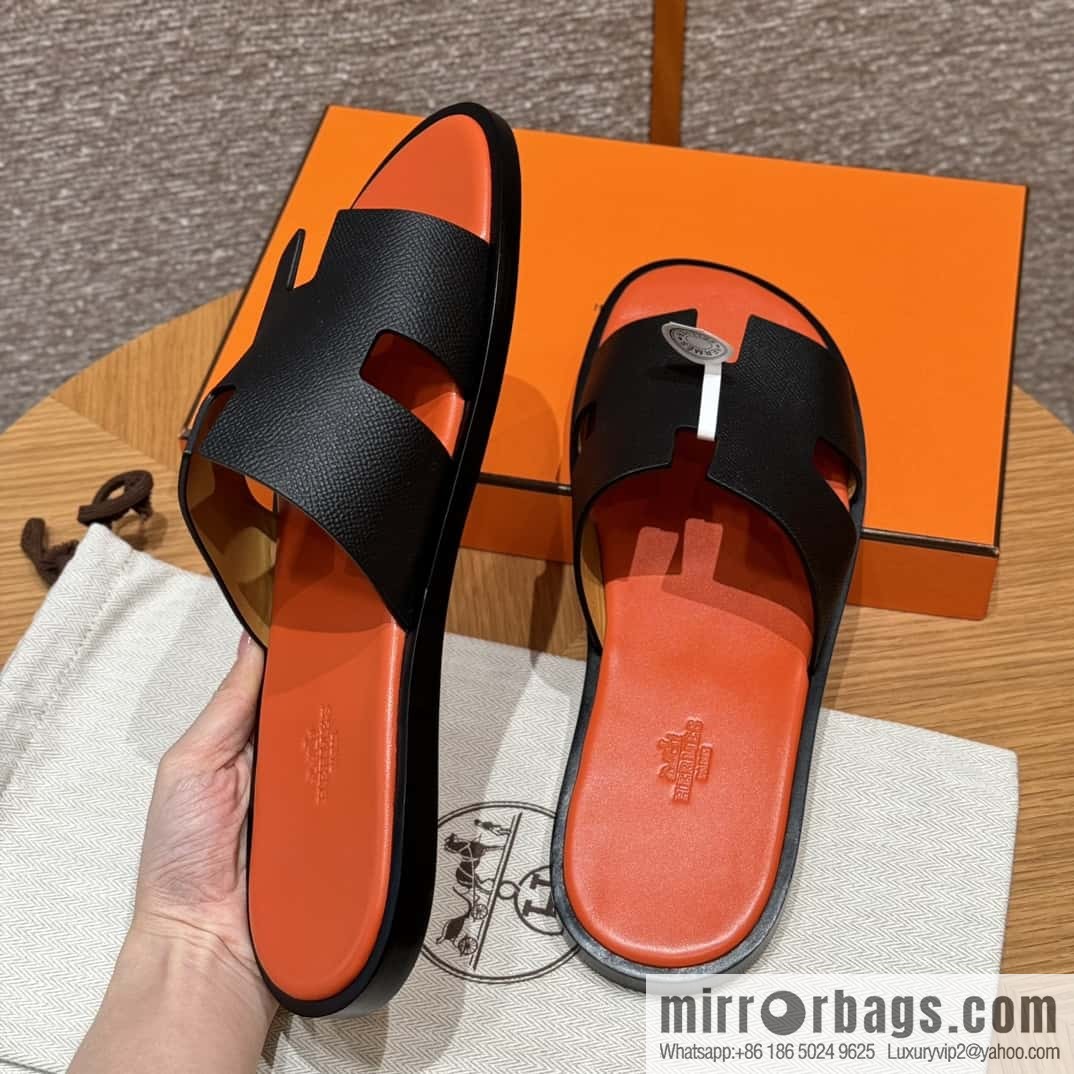 HERMES 182 -Lzmir Men's slippers, cowhide/Epsom black/ck89/with orange feet