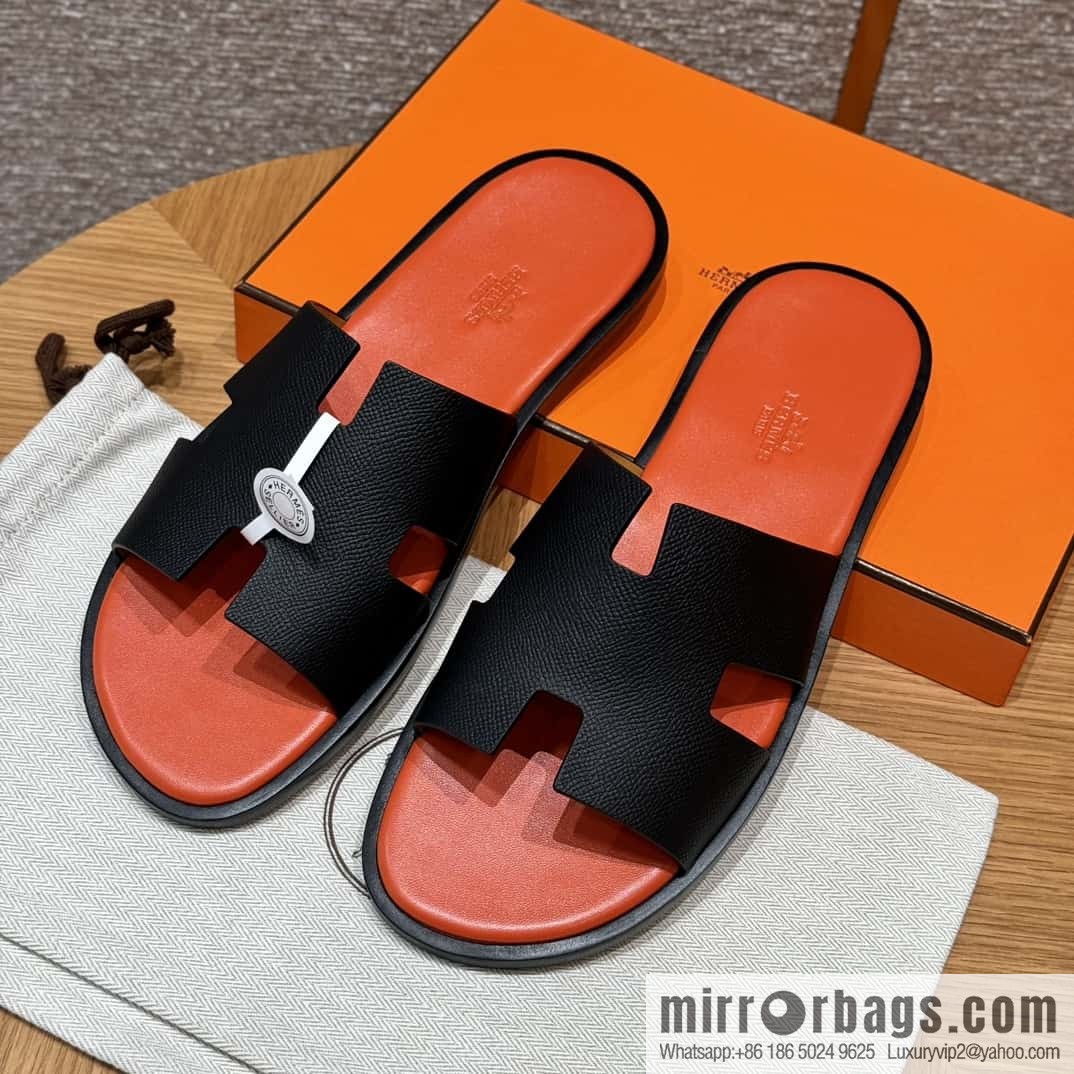 HERMES 182 -Lzmir Men's slippers, cowhide/Epsom black/ck89/with orange feet
