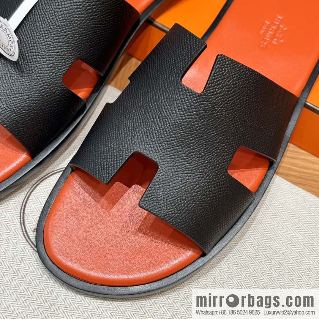 HERMES 182 -Lzmir Men's slippers, cowhide/Epsom black/ck89/with orange feet