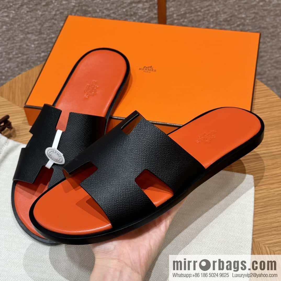HERMES 182 -Lzmir Men's slippers, cowhide/Epsom black/ck89/with orange feet