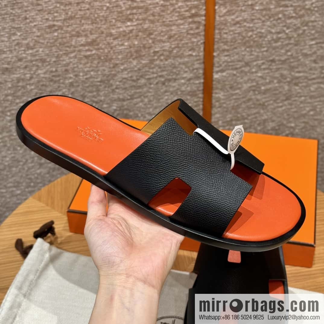 HERMES 182 -Lzmir Men's slippers, cowhide/Epsom black/ck89/with orange feet