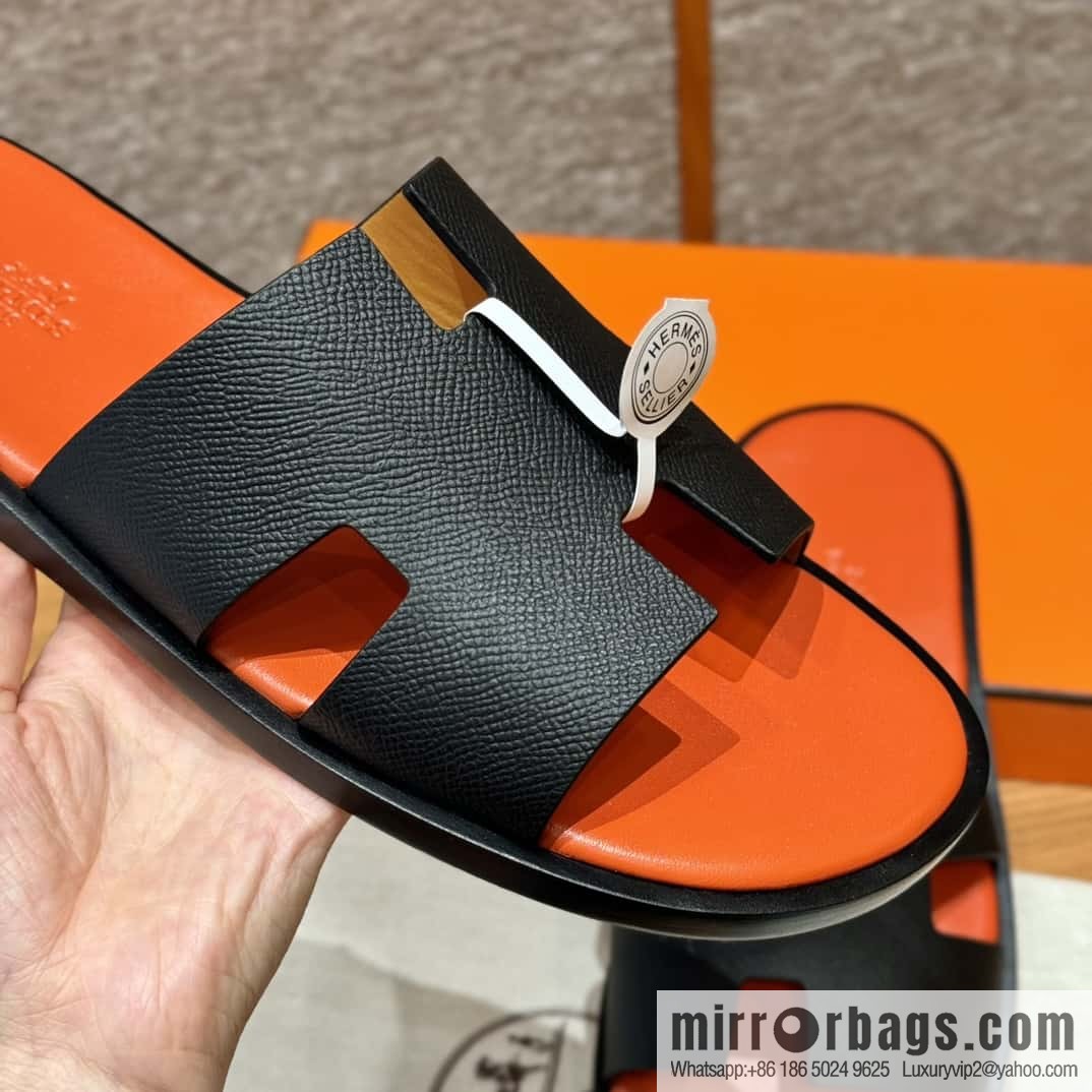 HERMES 182 -Lzmir Men's slippers, cowhide/Epsom black/ck89/with orange feet