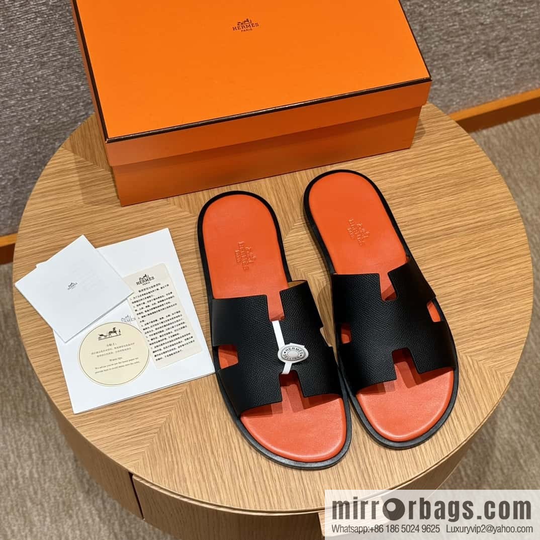HERMES 182 -Lzmir Men's slippers, cowhide/Epsom black/ck89/with orange feet
