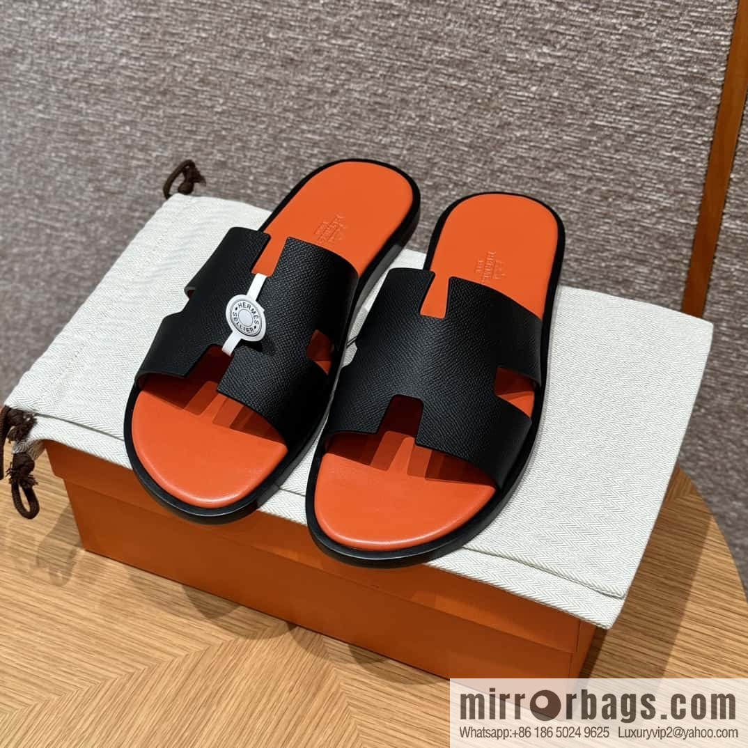 HERMES 182 -Lzmir Men's slippers, cowhide/Epsom black/ck89/with orange feet