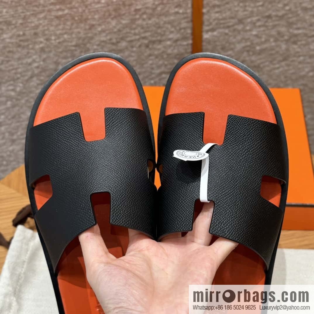 HERMES 182 -Lzmir Men's slippers, cowhide/Epsom black/ck89/with orange feet