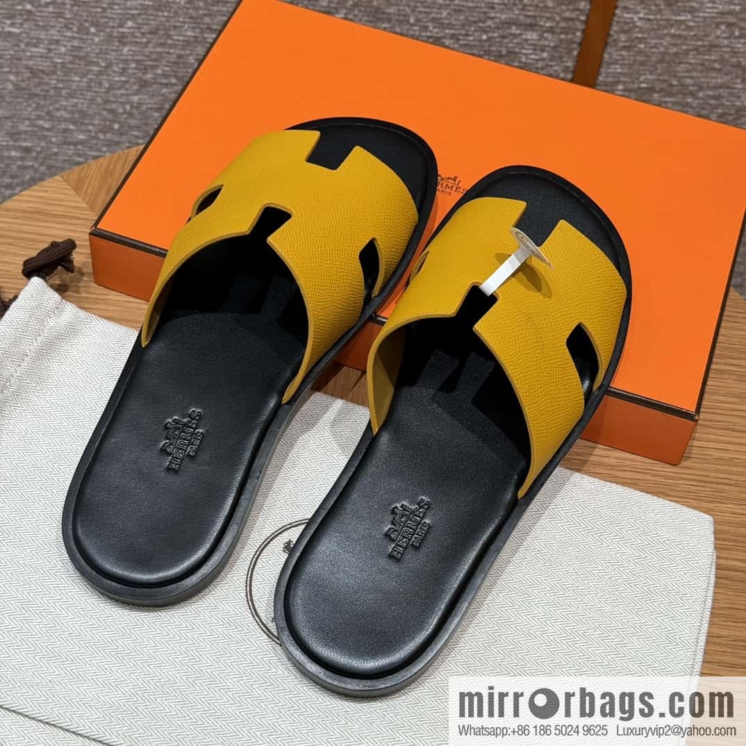 HERMES 182 -Lzmir Men's slippers Men's slippers, cowhide/Epsom amber yellow/9D Jaune Amdre/with black feet