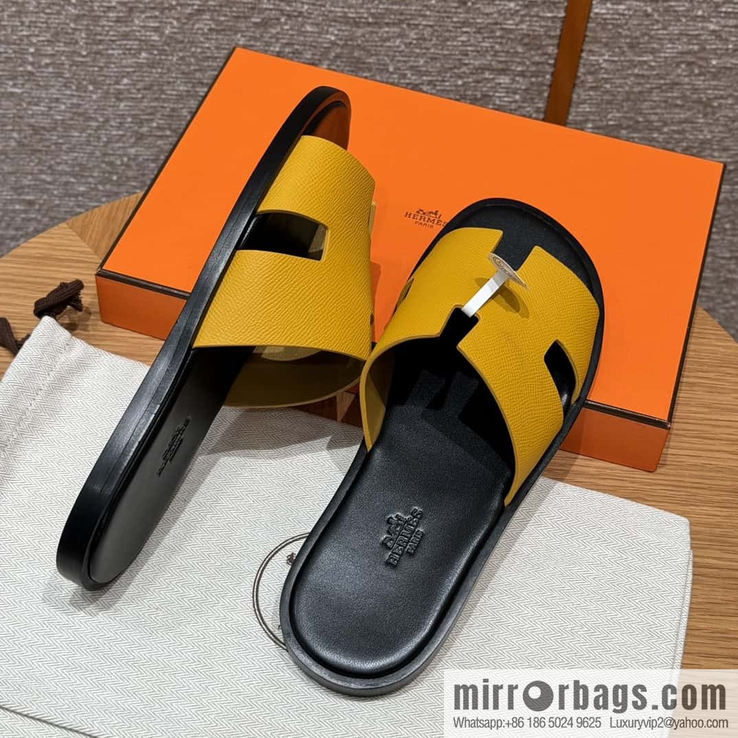 HERMES 182 -Lzmir Men's slippers Men's slippers, cowhide/Epsom amber yellow/9D Jaune Amdre/with black feet