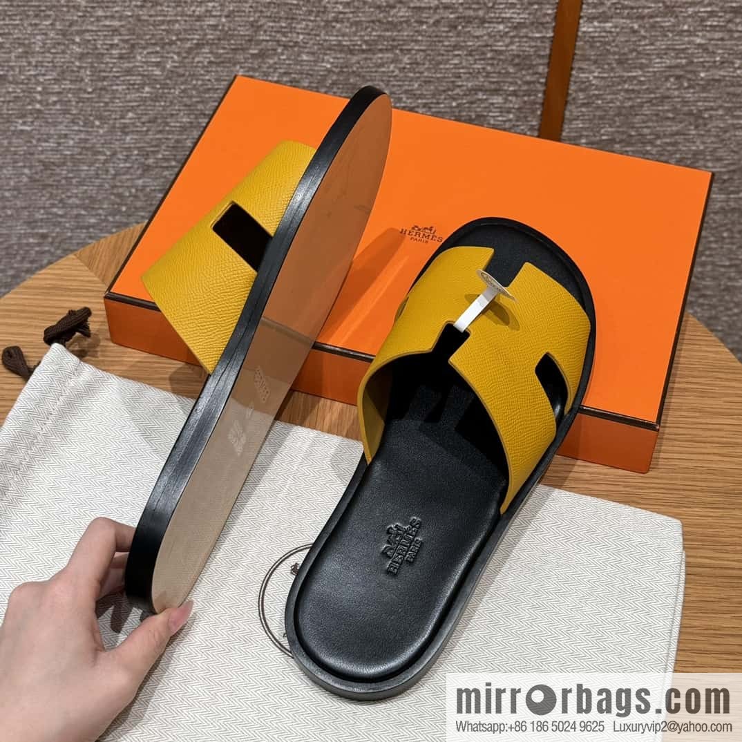HERMES 182 -Lzmir Men's slippers Men's slippers, cowhide/Epsom amber yellow/9D Jaune Amdre/with black feet