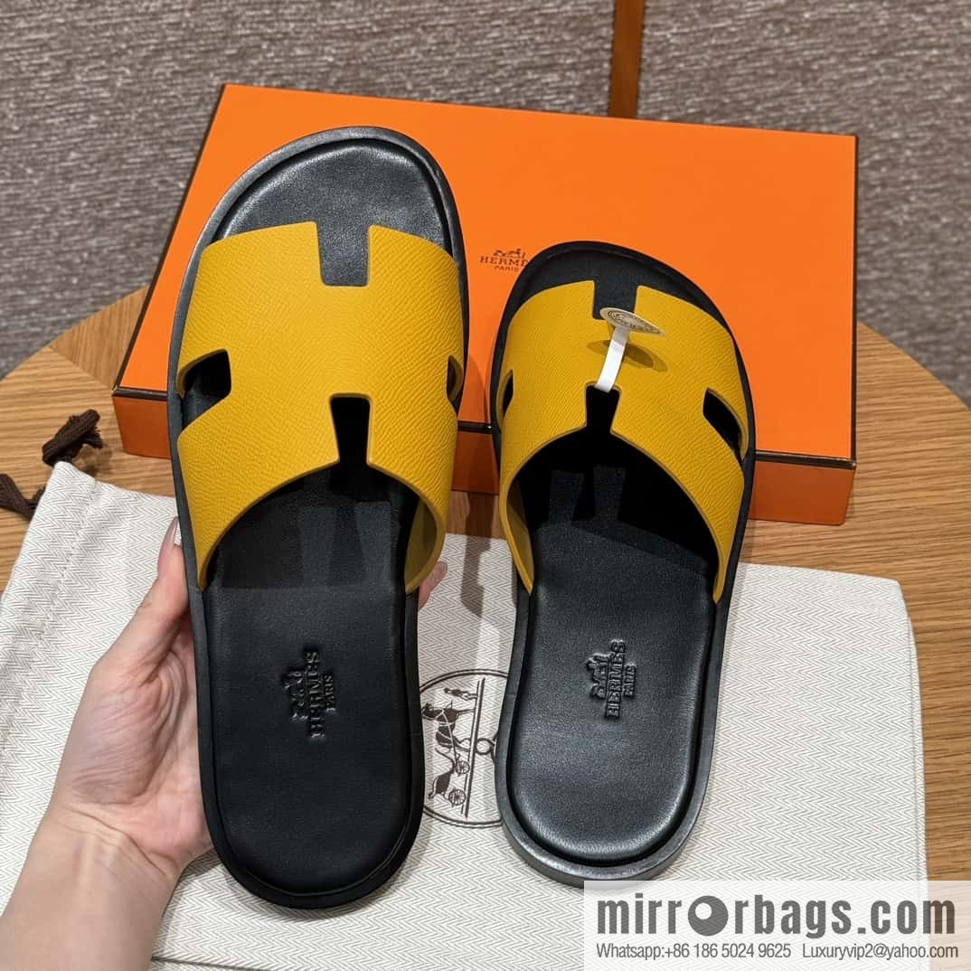 HERMES 182 -Lzmir Men's slippers Men's slippers, cowhide/Epsom amber yellow/9D Jaune Amdre/with black feet