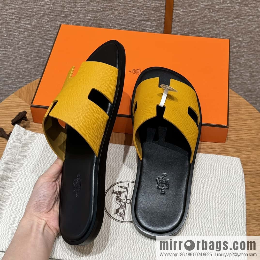 HERMES 182 -Lzmir Men's slippers Men's slippers, cowhide/Epsom amber yellow/9D Jaune Amdre/with black feet